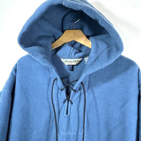 Vintage 90s EMS Henley Fleece Hoodie Lace Up Front RARE Blue Mens Large USA - Picture 6 of 8